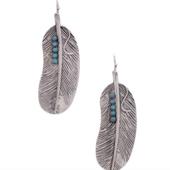 Silver tone feather earrings with faux turquoise stones pierced earrings - Picture 2 of 5